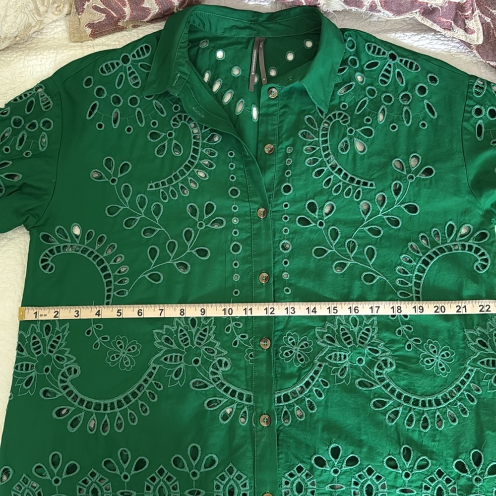 EUC By Anthropologie Green Eyelet Button Down Shirt Mini Dress - Picture 16 of 17